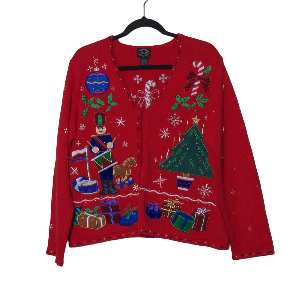 VTG Designer Originals Studio Holiday Sweater Embroidered Beaded Christmas Large